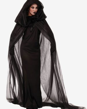 Halloween Witch Costumes For Women Black Scary Headwear Polyester Tunic Dress Holidays Costumes Full Set