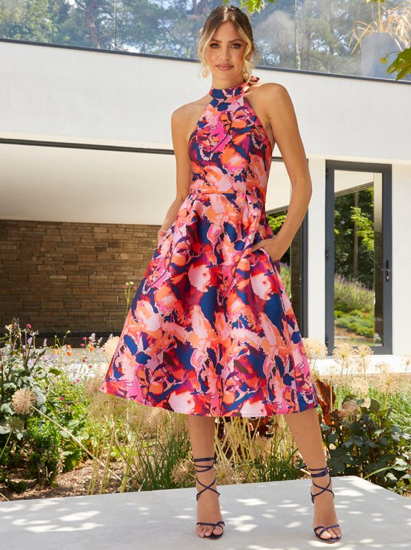 Halter Neck Abstract Print Fit and Flare Midi Dress in Multi - 8