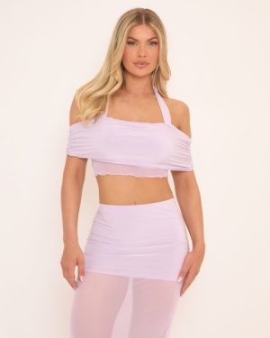 Halter Neck Bardot Tie Detail Contrast Crop Top In Purple Mesh, Women's Size UK 6
