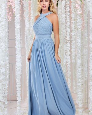 Halter Neck Chiffon Maxi Dress - Dusky Blue by Goddiva