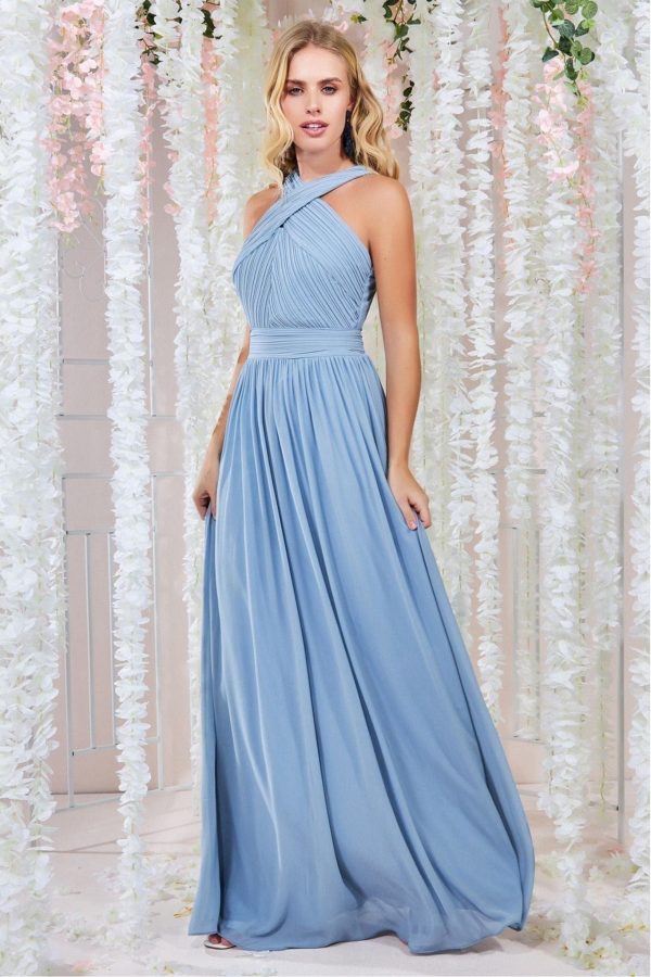 Halter Neck Chiffon Maxi Dress - Dusky Blue by Goddiva