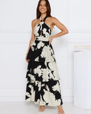 Halter Neck Floral Maxi Dress With Layered Skirt For Special Events 2025