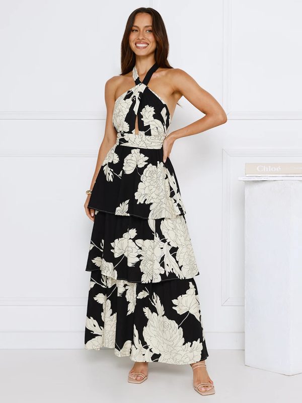 Halter Neck Floral Maxi Dress With Layered Skirt For Special Events 2025