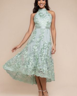 Halter Neck Lace High And Low Dress - Sage Green by Goddiva