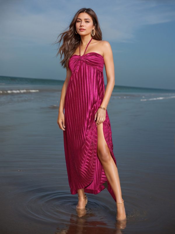 Halter Neck Pleated Maxi Party Dress For Women 2025