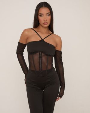 Halterneck Mesh Contrast Corset Top In Black Slinky, Women's Size UK 6