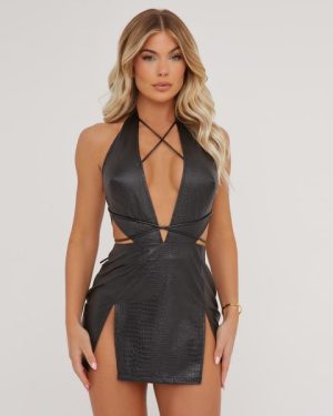 Halterneck Plunge Strappy Detail Split Leg Mini Dress In Black Croc Print Faux Leather, Women's Size UK 4