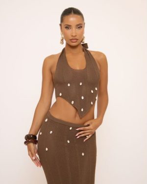 Halterneck Shell Detail Top In Brown Crochet Knit, Women's Size UK Large L