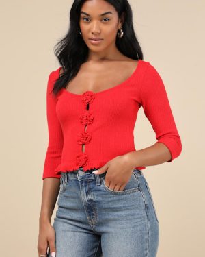 Harpan Red Ribbed Rosette Crop Top