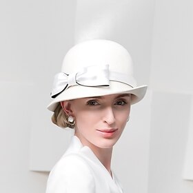Hats 100% Wool Bowler / Cloche Hat Fedora Hat Wedding Holiday Elegant Wedding With Bowknot Splicing Headpiece Headwear