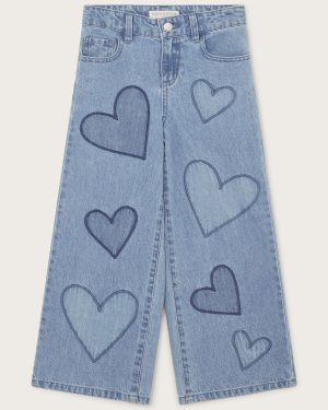 Heart Embroidered Wide Leg Jeans Blue
