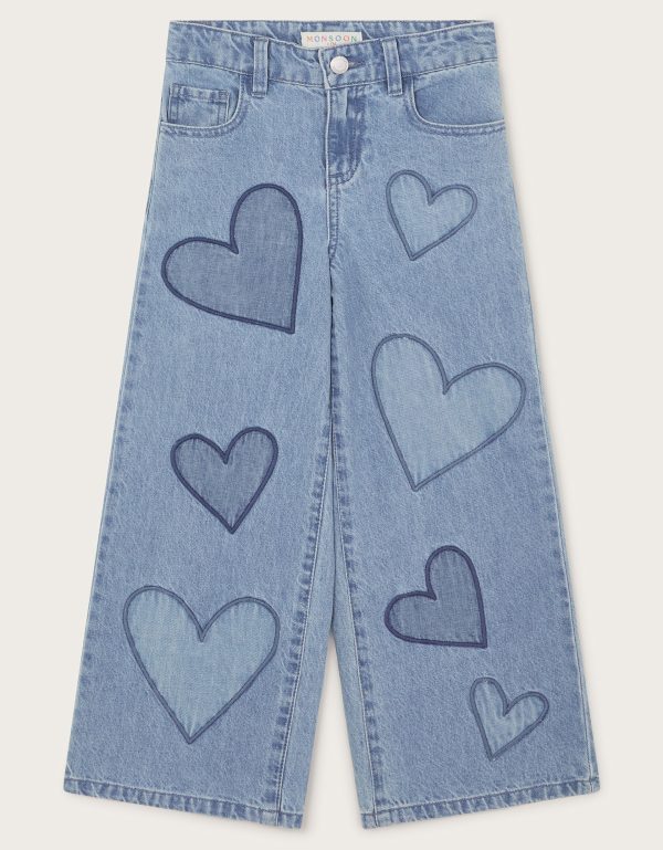 Heart Embroidered Wide Leg Jeans Blue