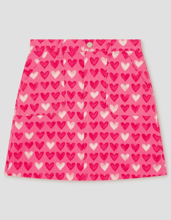 Heart Print Denim Skirt Pink