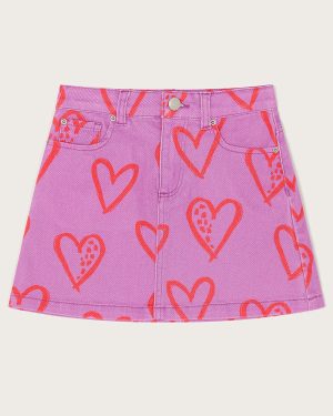 Heart Print Denim Skirt Purple