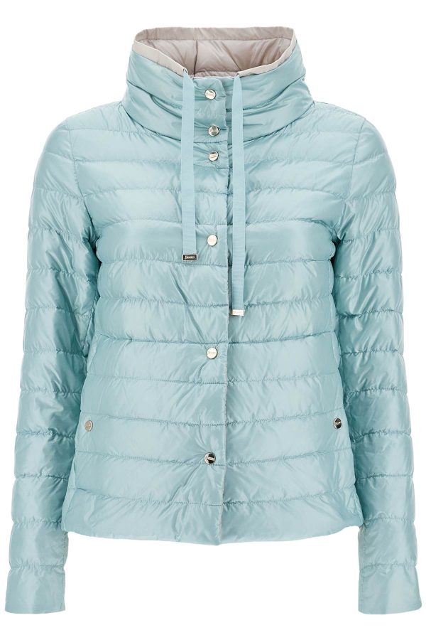 Herno Short Puffer Jacket In Ice Blue Nylon With Metal Buttons