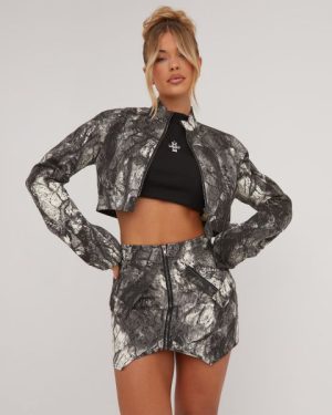 High Neck Zip Front Cropped Jacket In Black Acid Wash, Women's Size UK 4