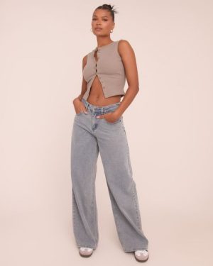 High Waist Barrel Wide Leg Jeans In Blue Denim, Women's Size UK 6