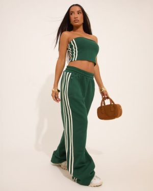 High Waist Contrast Stripe Detail Wide Leg Joggers In Forest Green, Women's Size UK 12