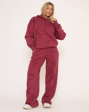 High Waist Cross Patch Detail Oversized Straight Leg Joggers In Acid Wash Burgundy, Women's Size UK 6