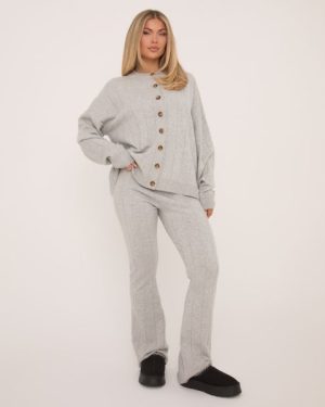 High Waist Flared Leg Trousers In Grey Ribbed Knit, Women's Size UK Medium M