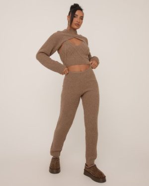 High Waist Leggings In Brown Cable Knit, Women's Size UK Small S