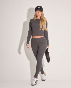 High Waist Leggings In Charcoal Ribbed, Women's Size UK 6