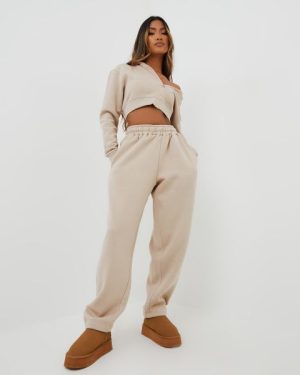 High Waist Oversized Wide Leg Joggers In Beige, Women's Size UK 8
