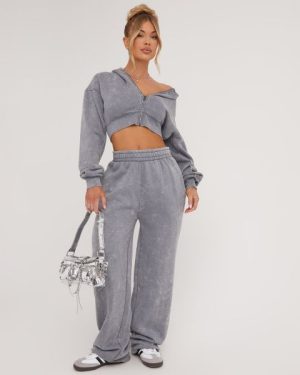 High Waist Oversized Wide Leg Joggers In Light Grey Acid Wash, Women's Size UK 6