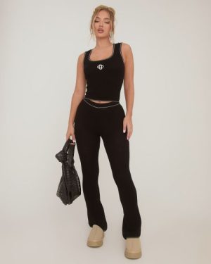 High Waist Skinny Flared Trousers In Black Waffle Knit, Women's Size UK Medium M