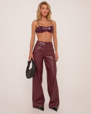 High Waist Straight Leg Trousers In Burgundy Faux Leather, Women's Size UK 14