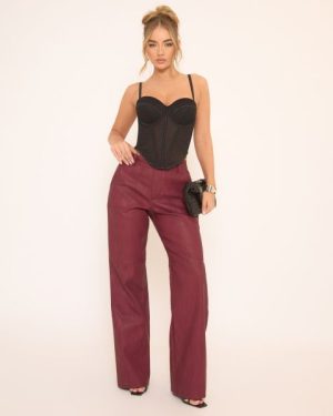 High Waist Straight Leg Trousers In Washed Burgundy Faux Leather, Women's Size UK 6