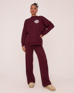 High Waist Wide Leg Joggers In Burgundy Knit, Women's Size UK Small S
