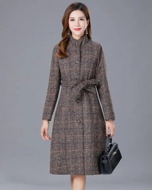 High-end Woolen Coat Women Blended Wool Outerwear Single-breasted Plaid Trench Coats Autumn Winter Elegance Overcoat A1580