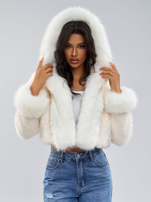 Hooded Faux Fur Coat In White Eco-friendly Winter Cropped Jacket For Women 2025