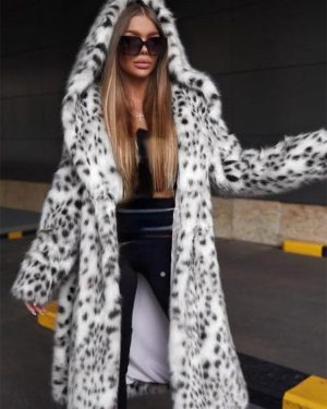 Hooded Faux Fur Coat Leopard Print Eco-friendly Winter Long Jacket 2025