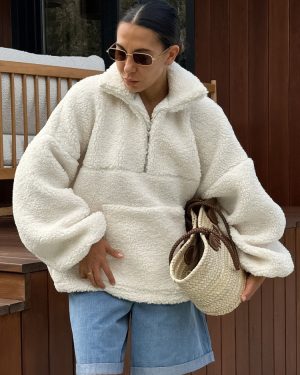 Hoodie For Woman Ecru White Long Sleeves Polyester Hooded Sweatshirt