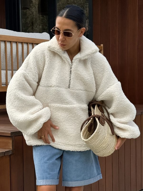 Hoodie For Woman Ecru White Long Sleeves Polyester Hooded Sweatshirt