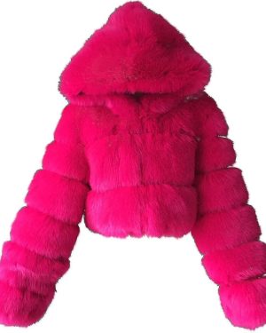 (Hot Pink, 3X-Large) Faux Fur Coat Women With Hood Cropped Bubble Coats Fleece Short Warm Jackets Plus Size Winter Coats For Women High Quality