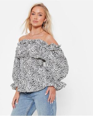 I Saw It First Printed Ruffle Bardot Peplum Top - White
