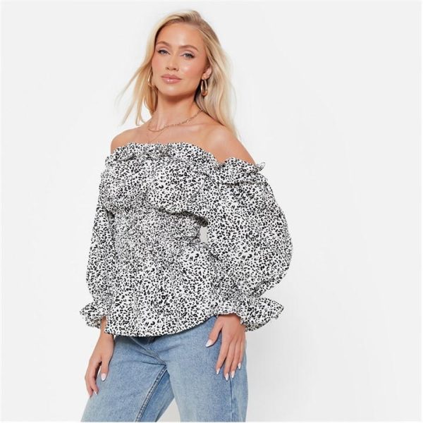 I Saw It First Printed Ruffle Bardot Peplum Top - White