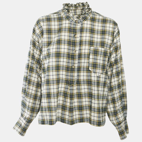 Isabel Marant Etoile Green Tartan Check Cotton Ruffled Blouse S