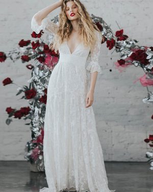 Ivory Boho Wedding Dress Lace A-Line With Train Backless Half Sleeves V-Neck Bridal Dresses Free Customization