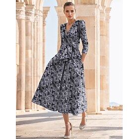 Jacquard A-Line Cocktail Dresses Elegant Dress Wedding Guest Church Ankle Length Half Sleeve V Neck Chiffon with Floral Bow(s) Wedding Guest Dress 2025