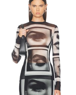 Jean Paul Gaultier Eyes And Lips Mesh Long Sleeve Top in Black Grey & White - Black. Size XS (also in ).