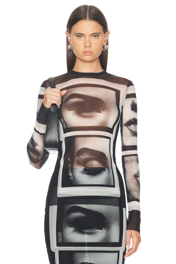 Jean Paul Gaultier Eyes And Lips Mesh Long Sleeve Top in Black Grey & White - Black. Size XS (also in ).