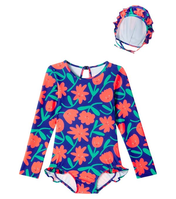 Jellymallow Floral ruffled swimsuit and cap set
