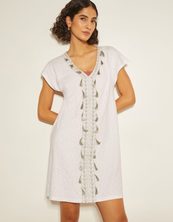 Jodie Tassel Beach Tunic Mini Dress White