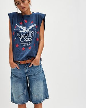 Johnny Cash Muscle Tank Top by Daydreamer at Free People in Navy, Size: Large