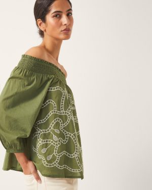 Julie Embroidered Bardot Top Green