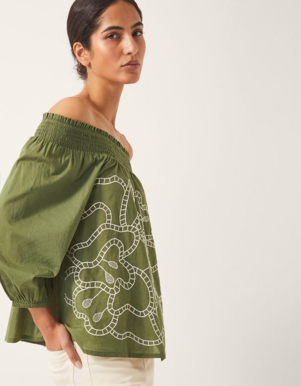 Julie Embroidered Bardot Top Green